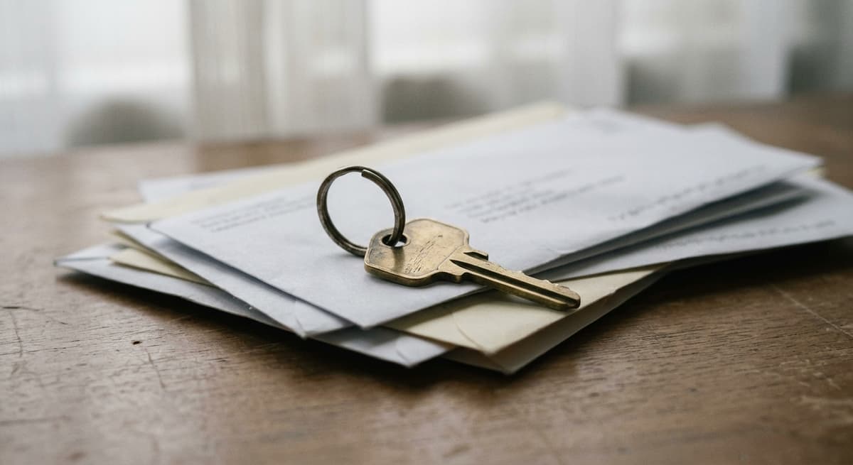 una sola llave de latón de buzón en un llavero, sobre una pila de correo sin abrir