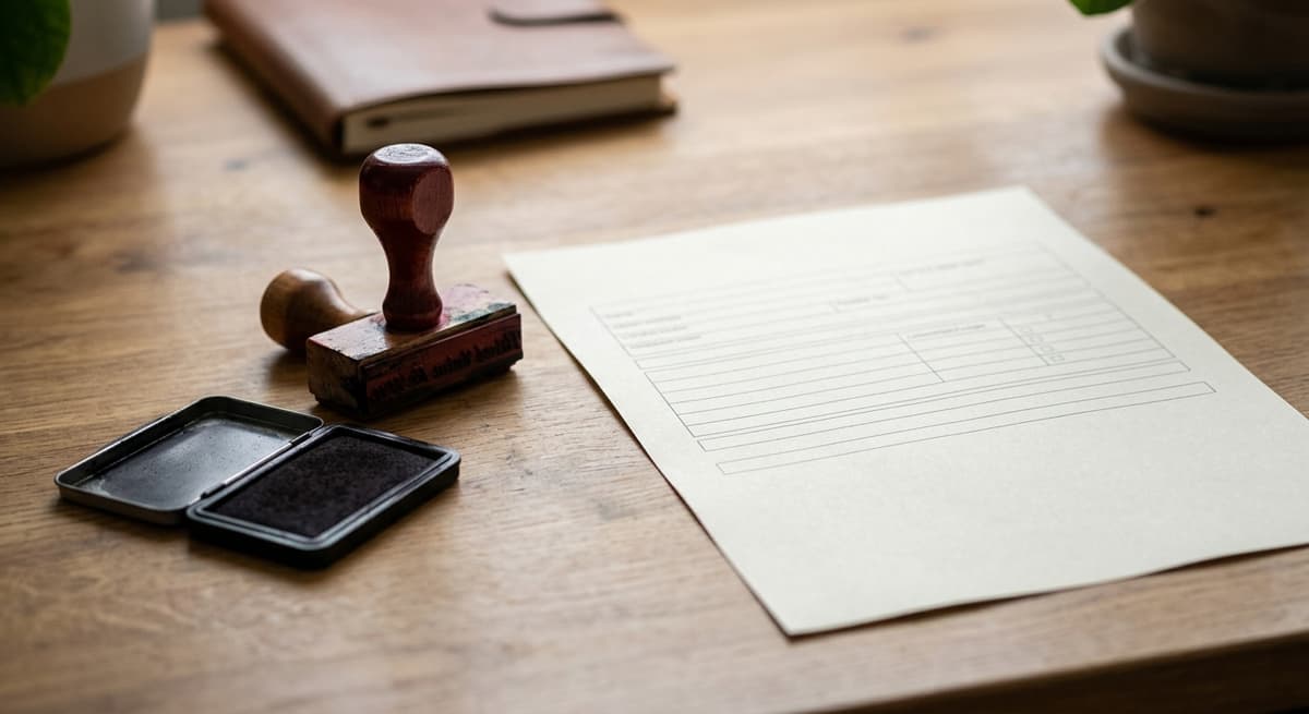 a rubber date stamp and ink pad beside a blank printed claim form on a clean desk