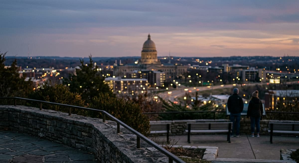 a scenic overlook of a state capitol dome in the distance at dusk, no flag or seal in clear focus