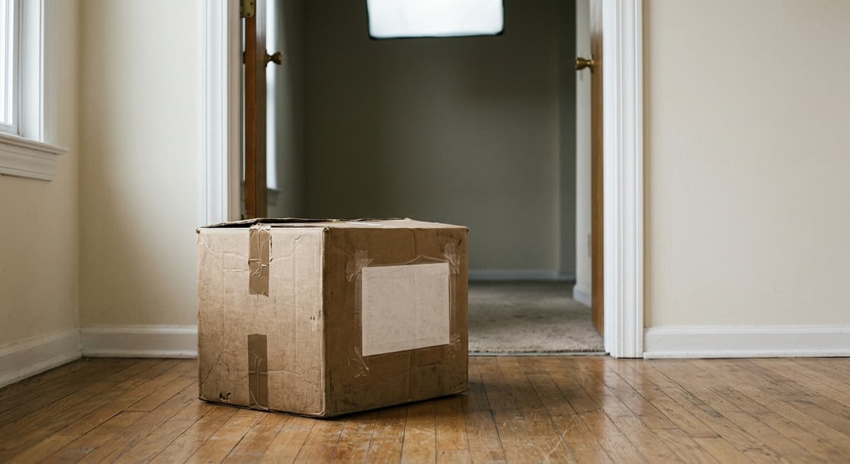 una vieja caja de cartón de mudanza con una etiqueta de reenvío pegada al costado, en la puerta de un apartamento vacío