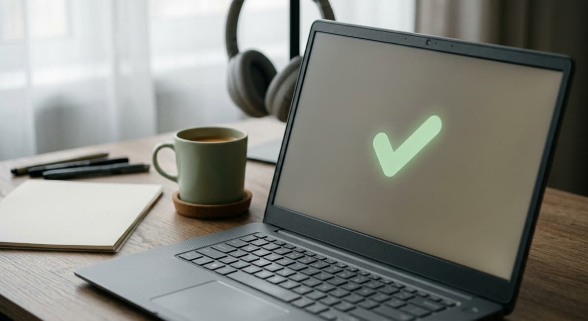 una pantalla de laptop que muestra un simple ícono verde de confirmación en forma de marca de verificación, sobre un escritorio de oficina en casa