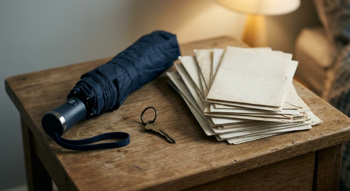 a closed umbrella and a single house key resting on a side table beside a stack of old unopened mail
