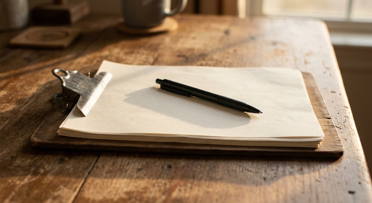 a clipboard holding a blank multi-page form with a pen resting across it