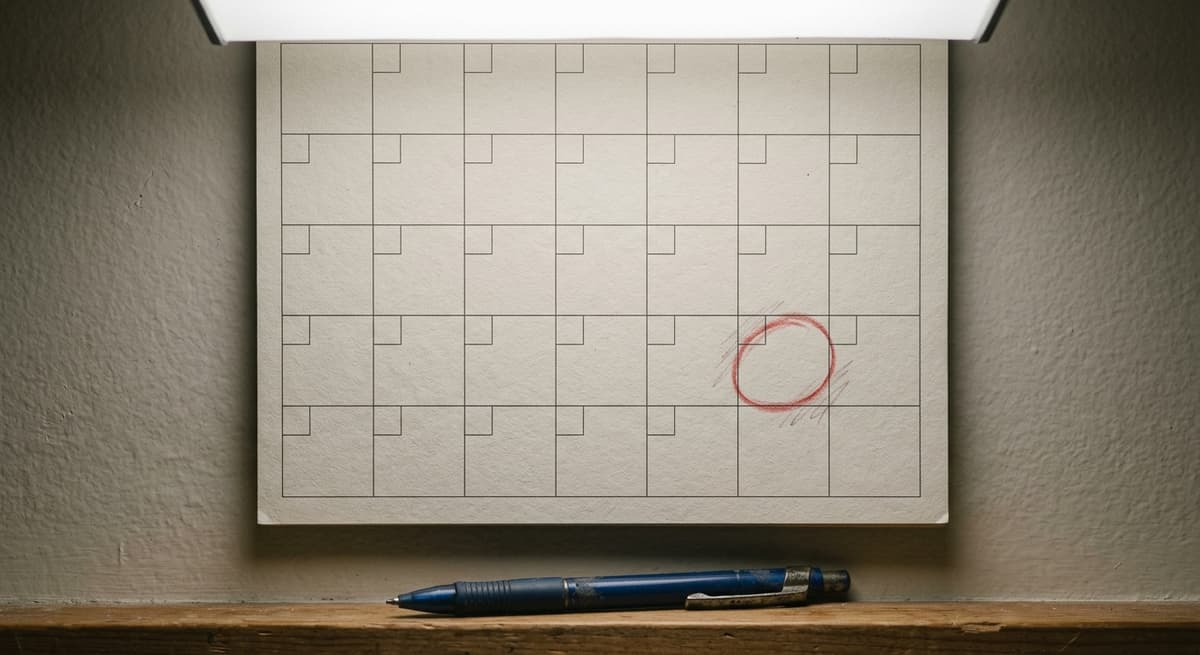 a wall calendar with one date circled in red pencil, a pen resting on the ledge below
