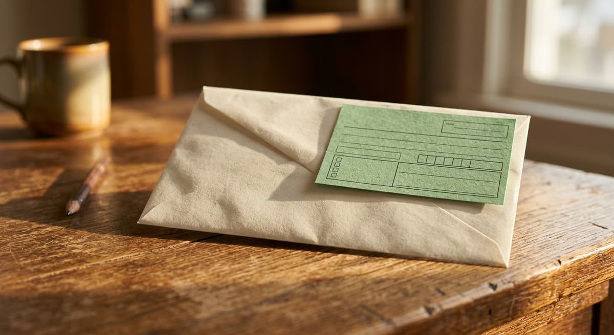 a certified-mail envelope with a green return-receipt card on a wooden desk
