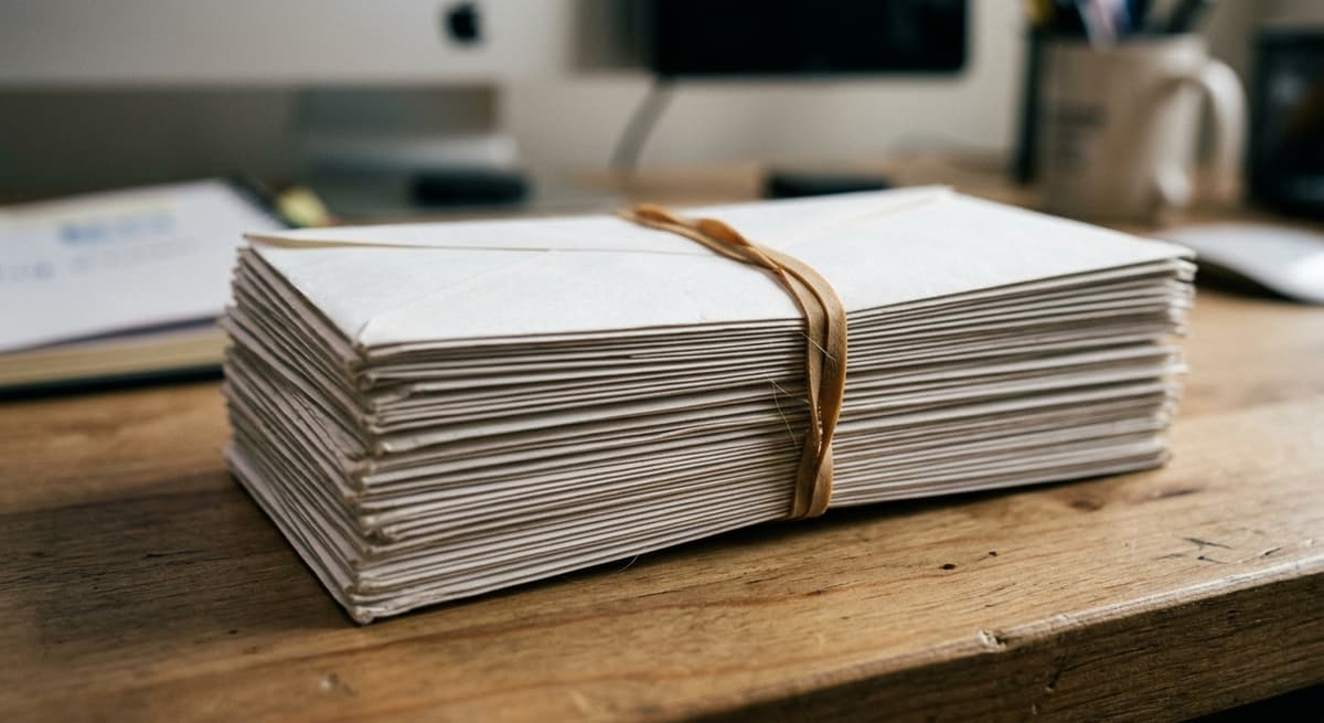 a thick stack of white envelopes bound with a rubber band on a desk