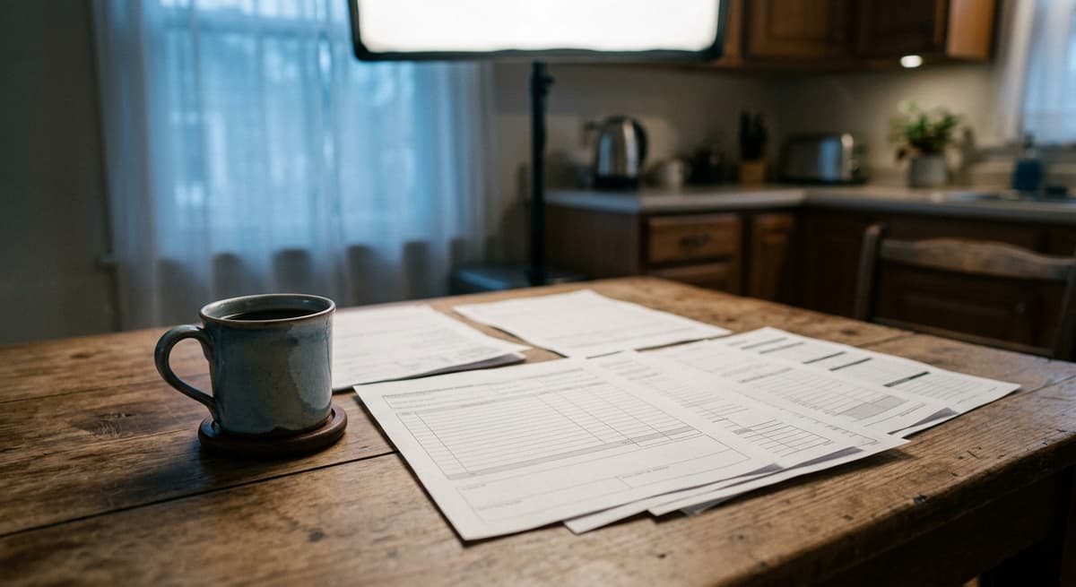 a coffee mug beside a spread of paper forms on a kitchen table at dawn