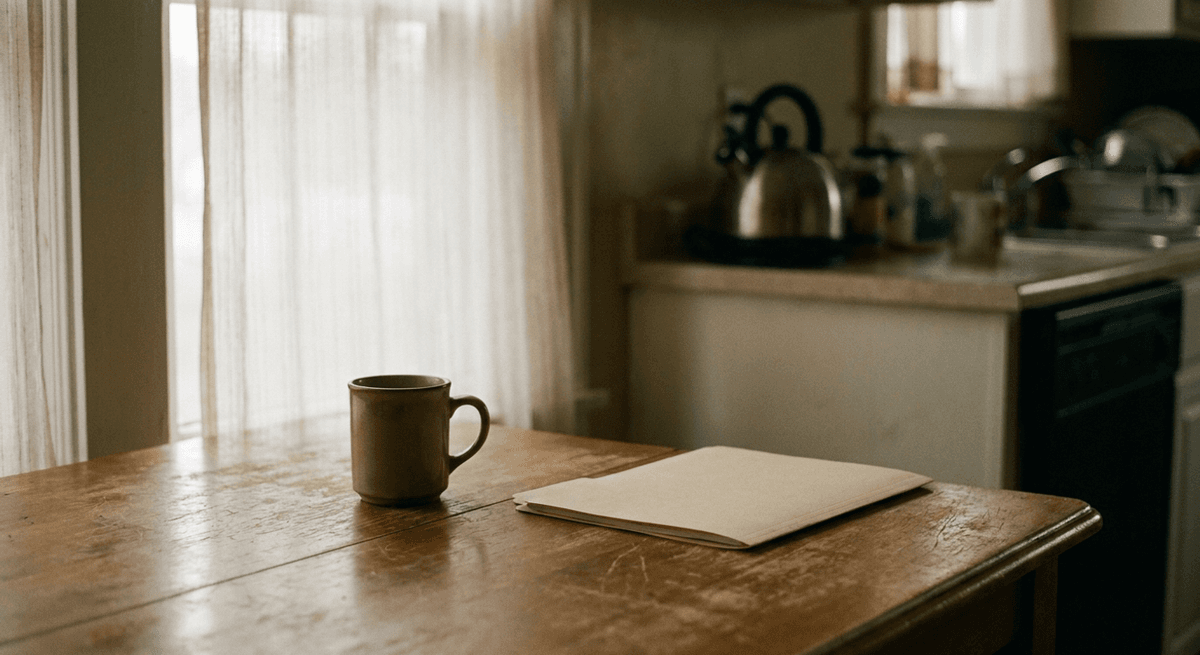 taza de café y una carpeta manila cerrada sobre una mesa de cocina desgastada al amanecer