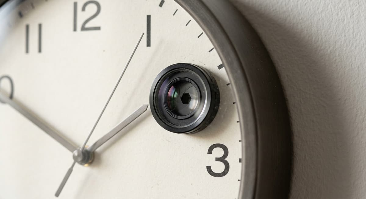 Lente de camara diminuta de Kansas incrustada en la cara de un reloj montado en la pared, toma macro que la revela