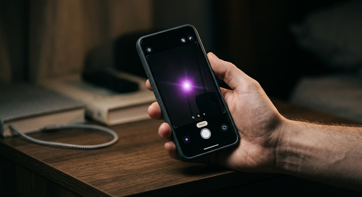 Nebraska brillo de led infrarrojo visible a traves de la pantalla de la camara de un telefono inteligente sostenido en alto en una habitacion oscura