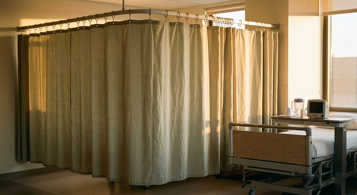 Misuri cortina de privacidad cerrada alrededor de una cama de hospital, anillos metalicos en la barra de la cortina
