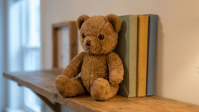 Maine nanny camera disguised as a teddy bear sitting on a nursery shelf beside books