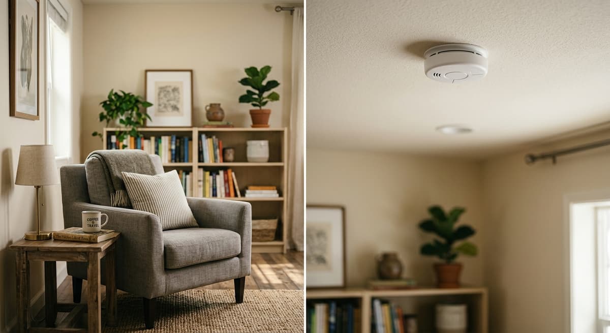 Arkansas sala de estar de un alquiler vacacional estilo airbnb con un detector de humo visible en el
