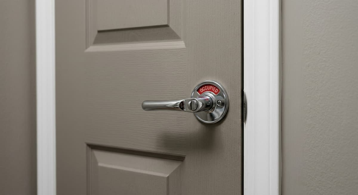 Puerta de bano de Kansas con un indicador de ocupado mostrando rojo, herrajes cromados