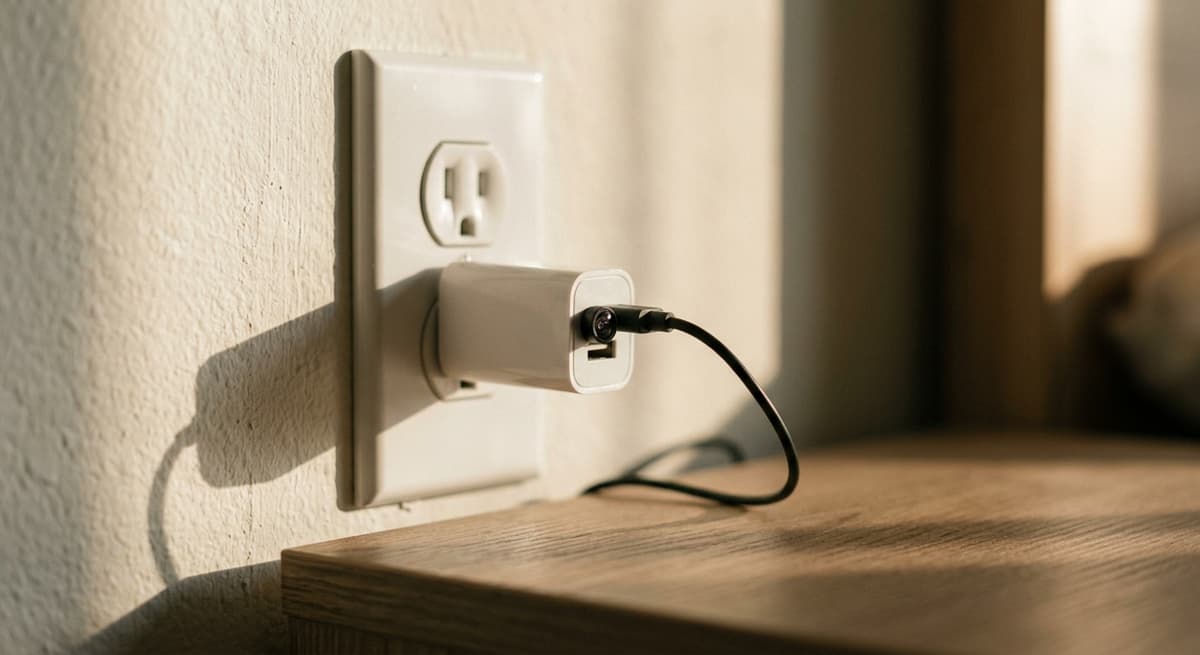 Maine small usb charger plugged into a wall outlet with a tiny lens visible on the fac