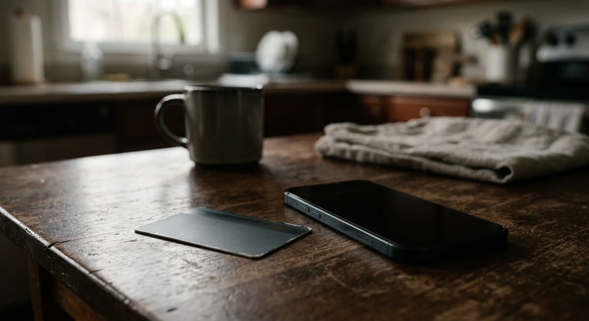 a single credit card resting face-down beside a smartphone on a kitchen table, both partially in shadow