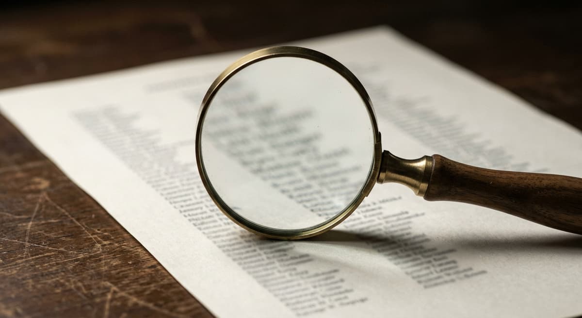 a magnifying glass resting over a printed list of names in small type on a desk