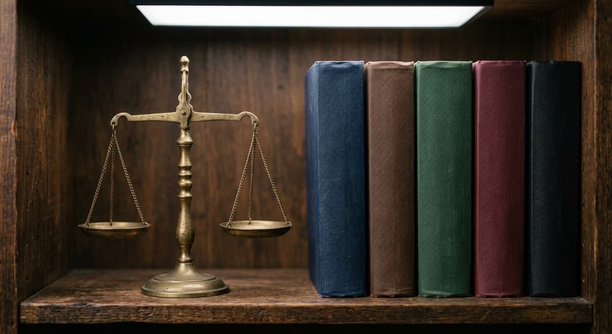 a brass scales-of-justice figurine on a bookshelf beside a row of plain hardcover law books, spines blank