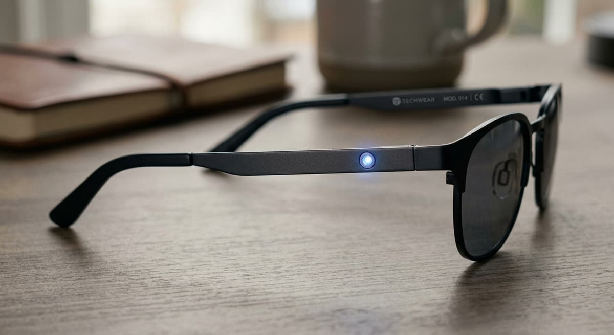 New Hampshire small led indicator light glowing on the temple arm of modern eyeglasses, close-