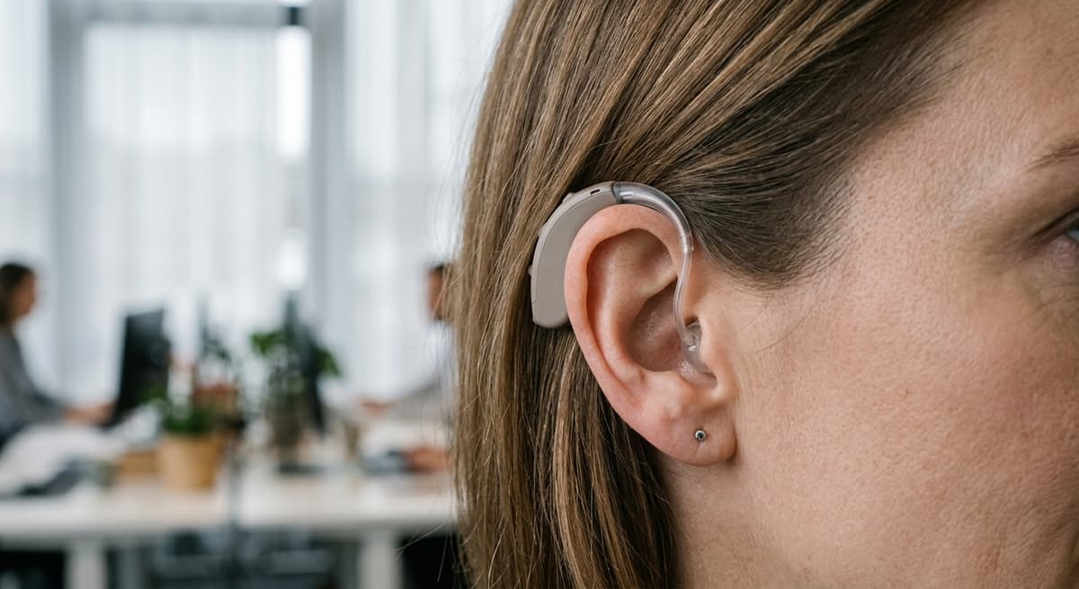 Audifono moderno en Vermont detras de una oreja, primer plano con fondo de oficina desenfocado