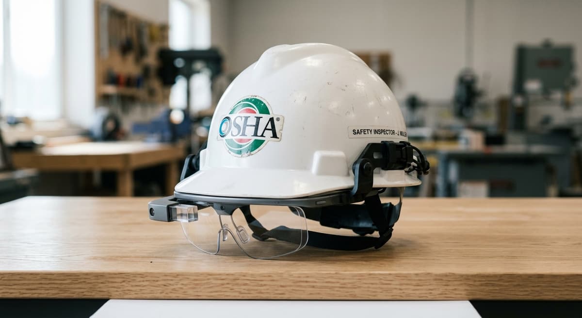 Kansas casco de seguridad de un inspector de osha con un visor de gafas inteligentes integrado sobre una superficie limpia