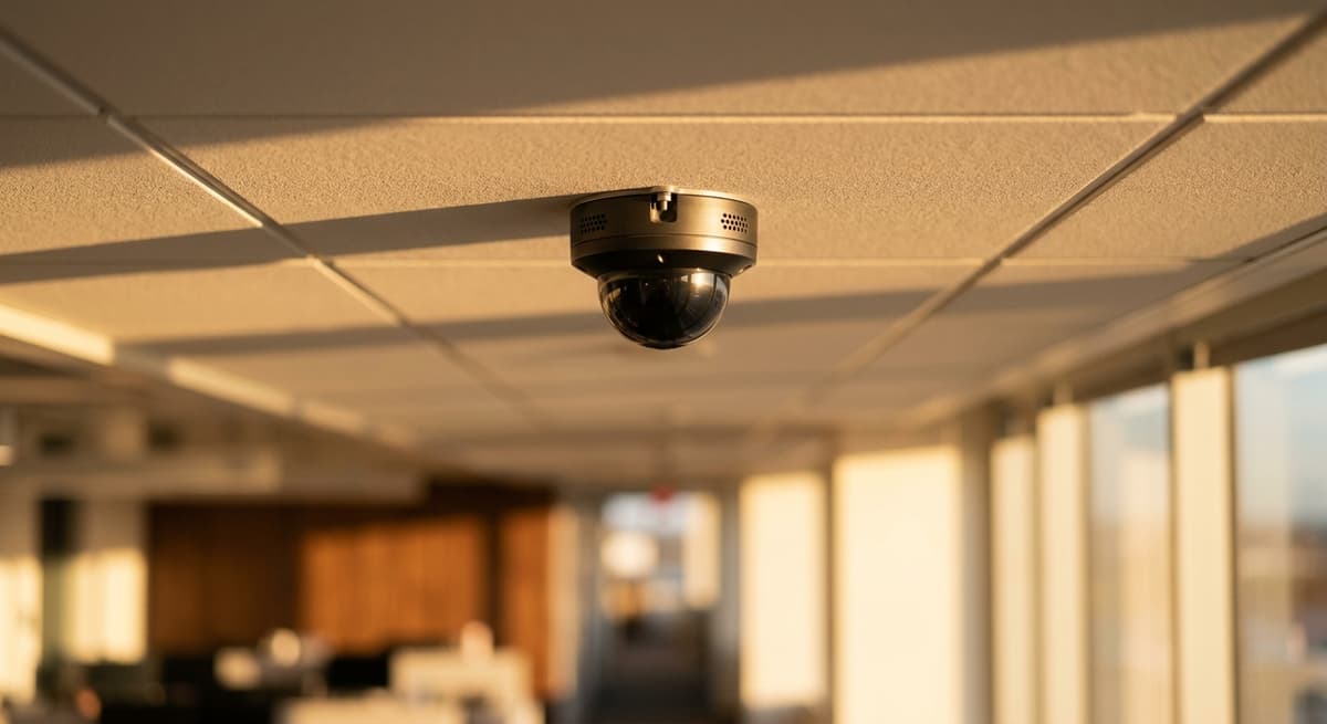 Arkansas small security camera dome mounted on a hallway ceiling in a modern office build
