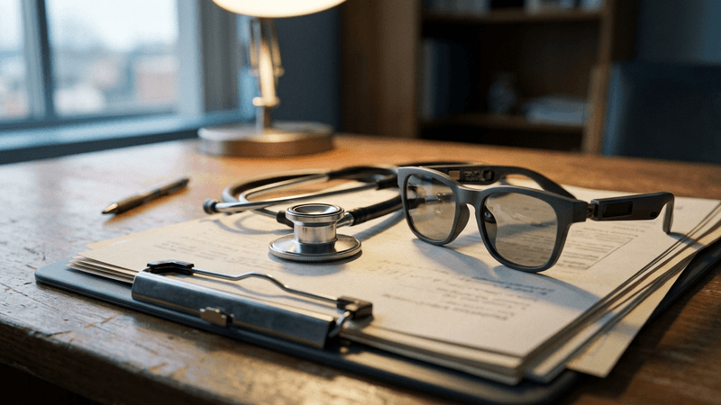 California stethoscope and smart glasses resting side by side on a medical chart clipboard