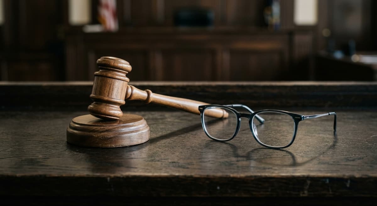California gavel resting beside a pair of modern eyeglasses on a dark judicial bench surfac