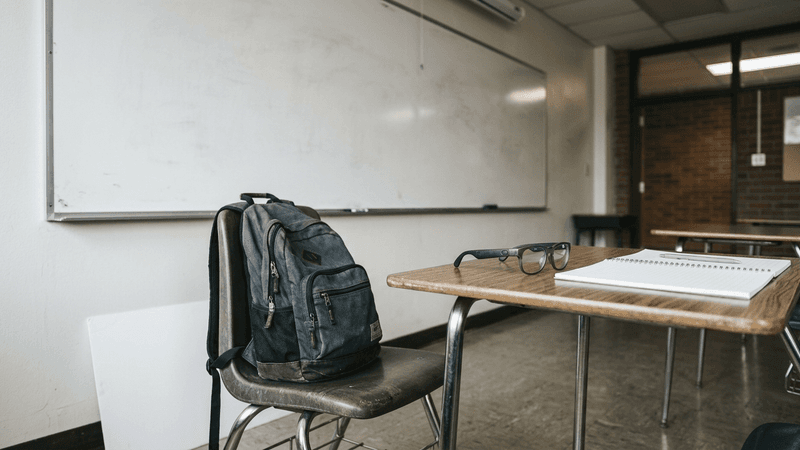 Misuri pizarron de aula con una mochila en una silla en primer plano, lentes inteligentes