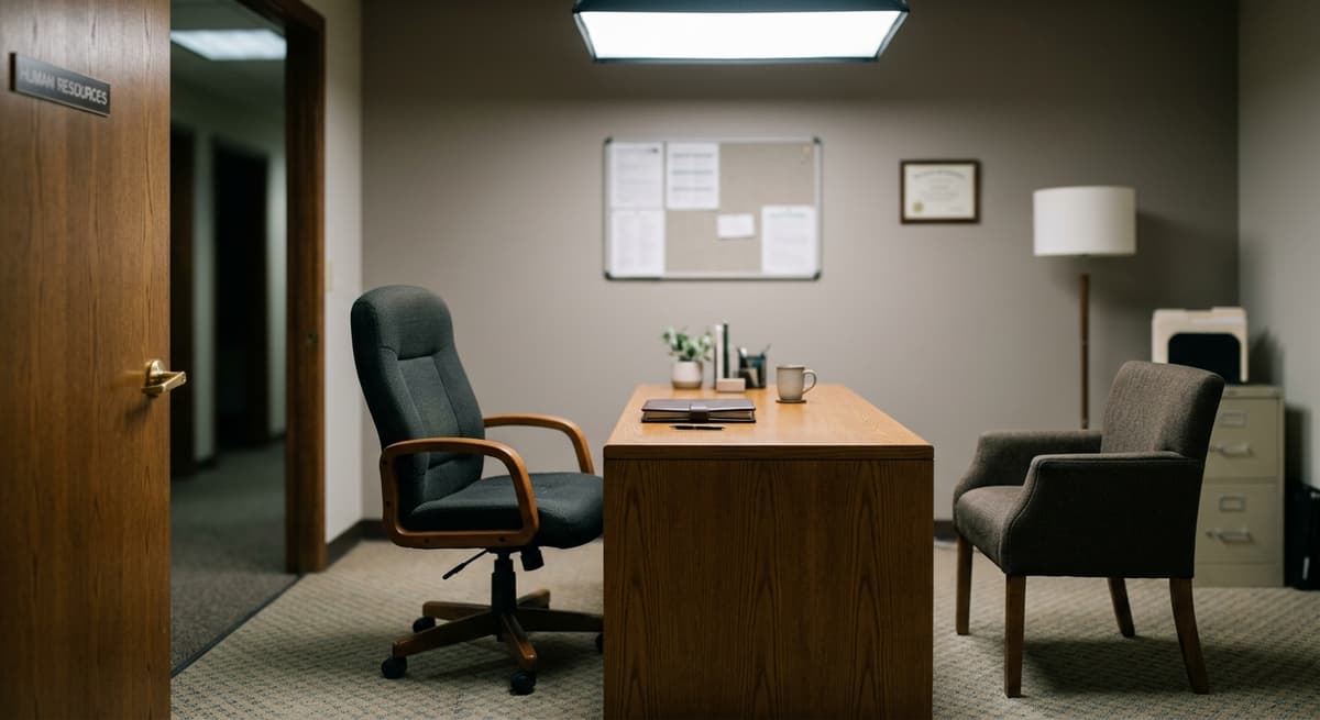 wearable recording: two chairs facing each other across a desk in a private hr office, door slightly