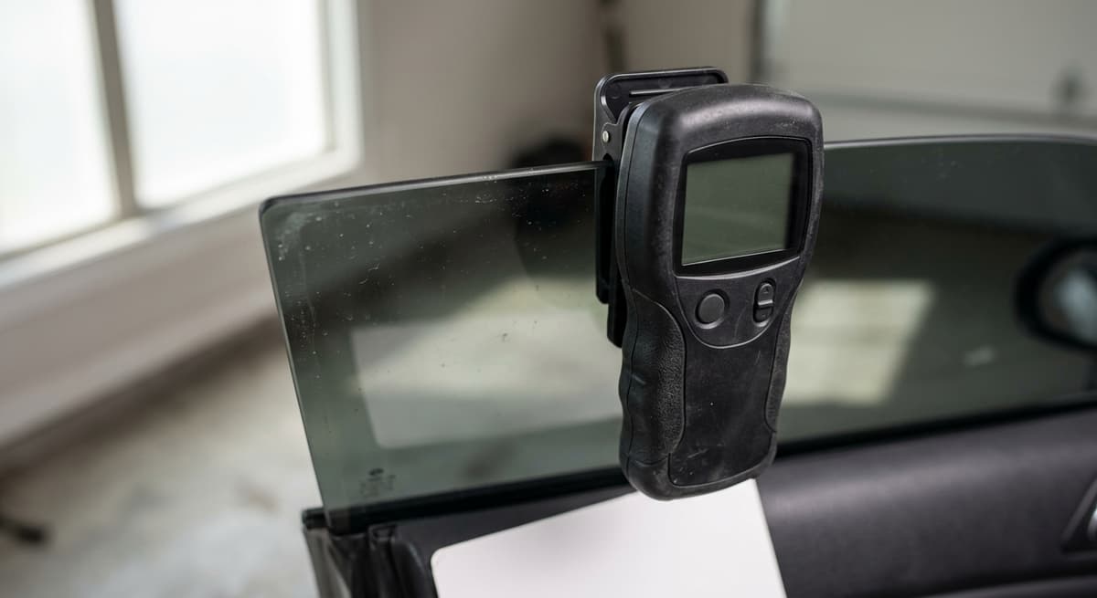 A VLT light-meter reading used to measure legal window tint darkness in Iowa