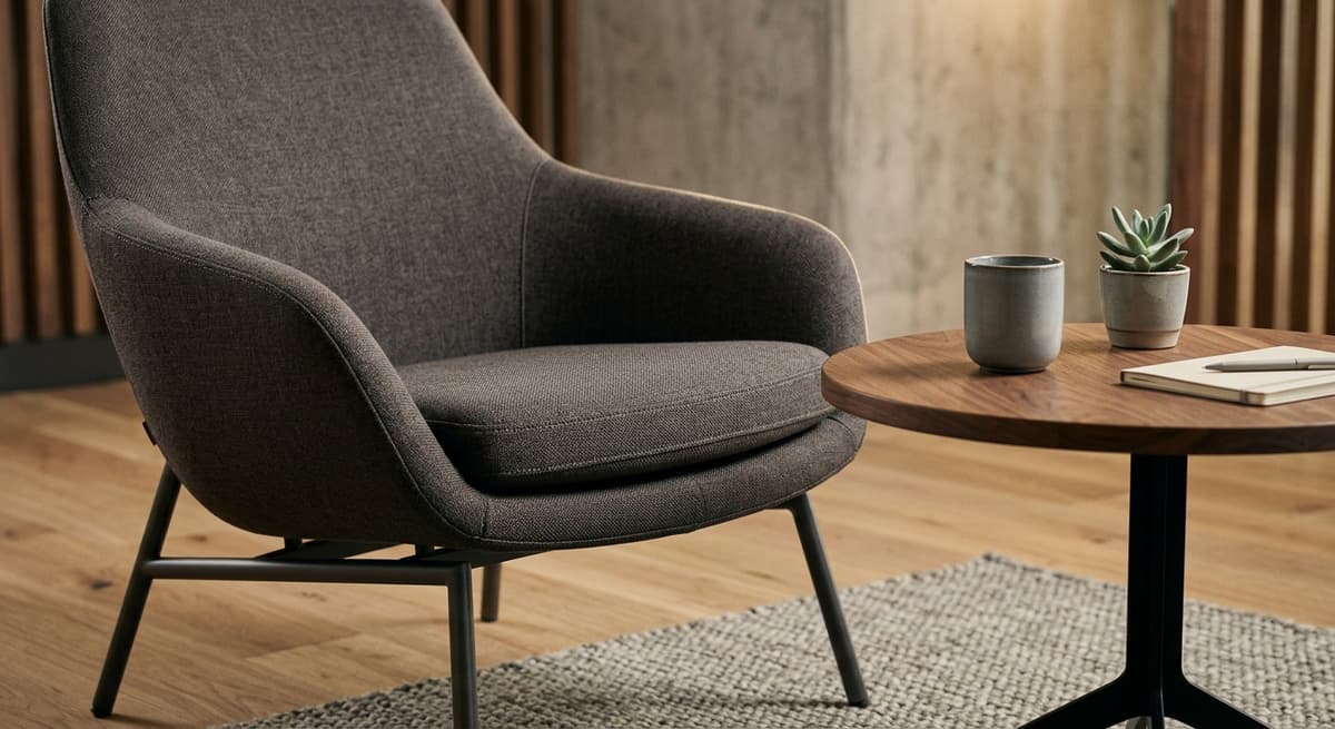 modern office reception area with a single chair and small table