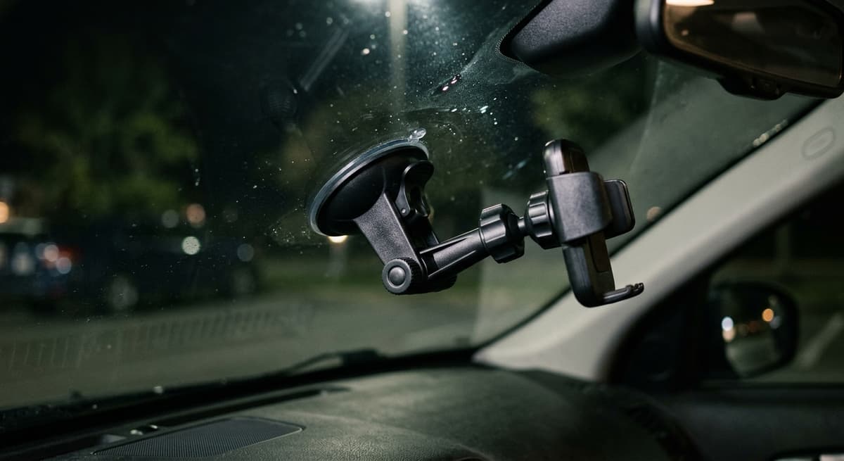 Close-up of a suction cup mount gripping the inside of a windshield, interior light