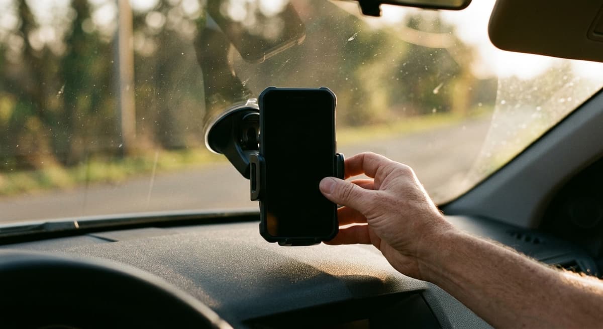 A hand adjusting a phone seated in a windshield cradle, fingers only, no face