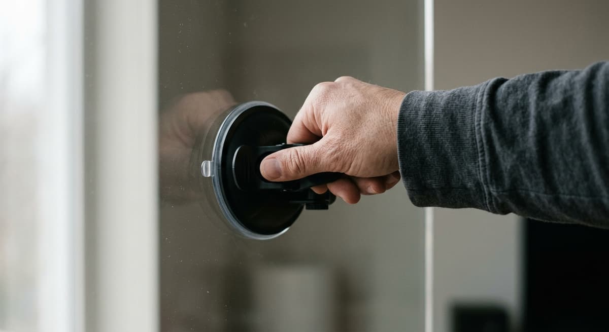 A hand pressing a suction mount firmly onto clean glass, cropped at the wrist