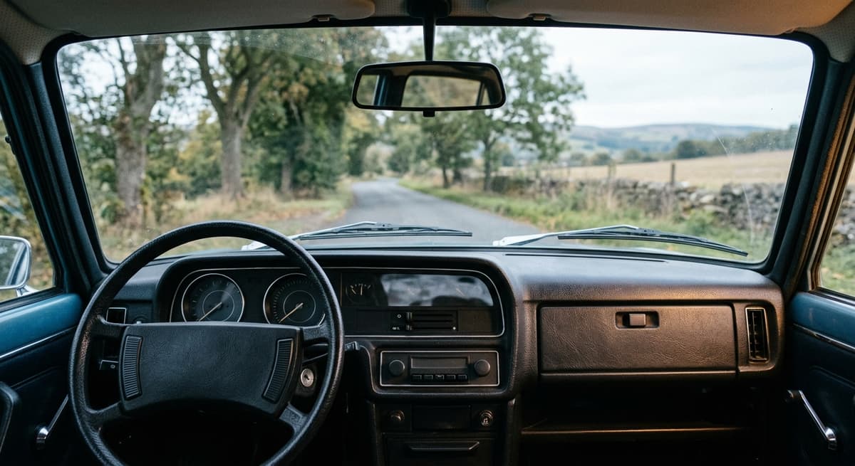A clear unobstructed windshield interior view with the dashboard below, daytime