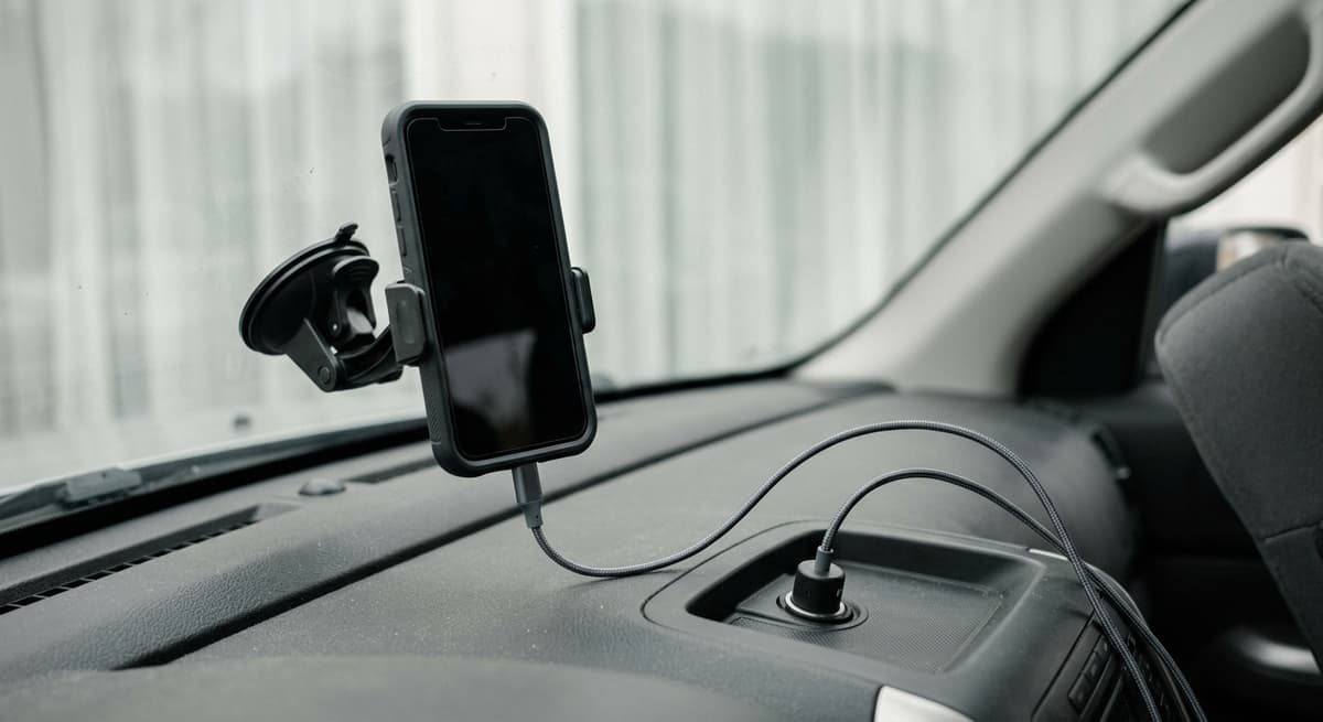 A charging cable running from a windshield-mounted phone down toward a port