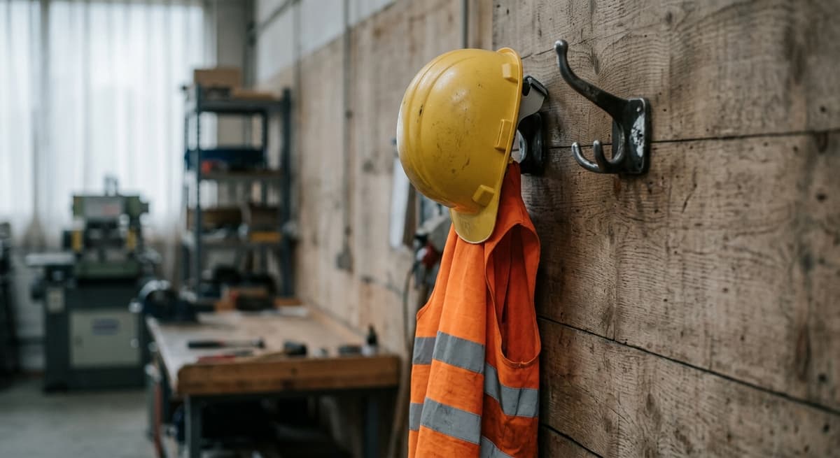 a hard hat and a safety vest on a hook in an empty workshop