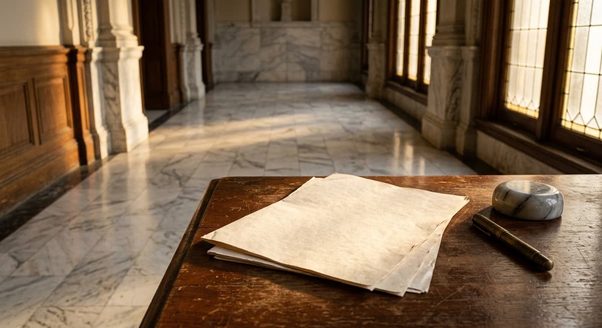 a courthouse hallway with marble floors and tall windows
