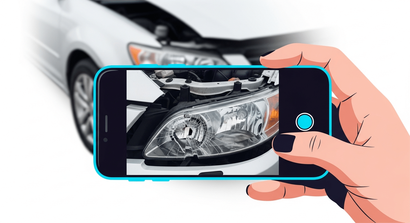 Person photographing car damage with smartphone to document evidence