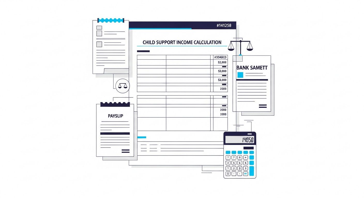 Professional illustration depicting Michigan child support calculation with financial documents and worksheets