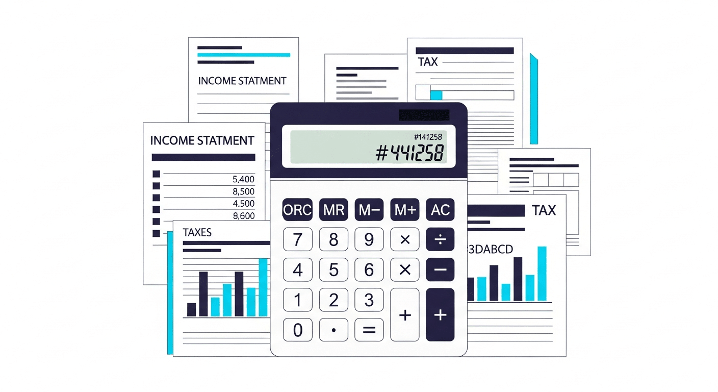 Professional illustration showing child support calculation with calculator and income documents