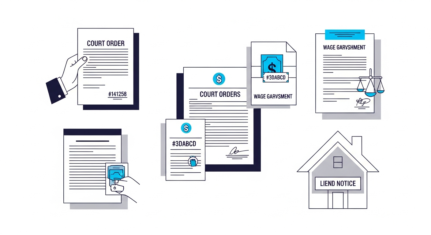 Professional illustration of child support enforcement actions with official documents