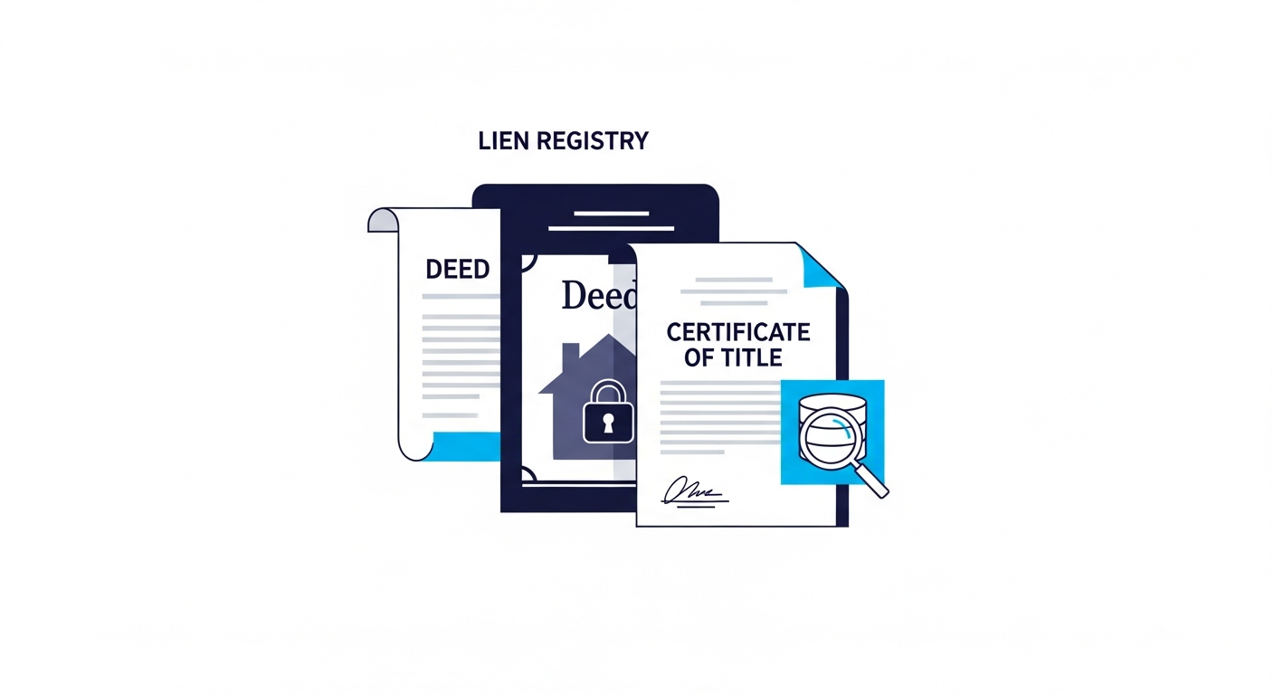 Professional illustration of lien registry and property enforcement with legal documents
