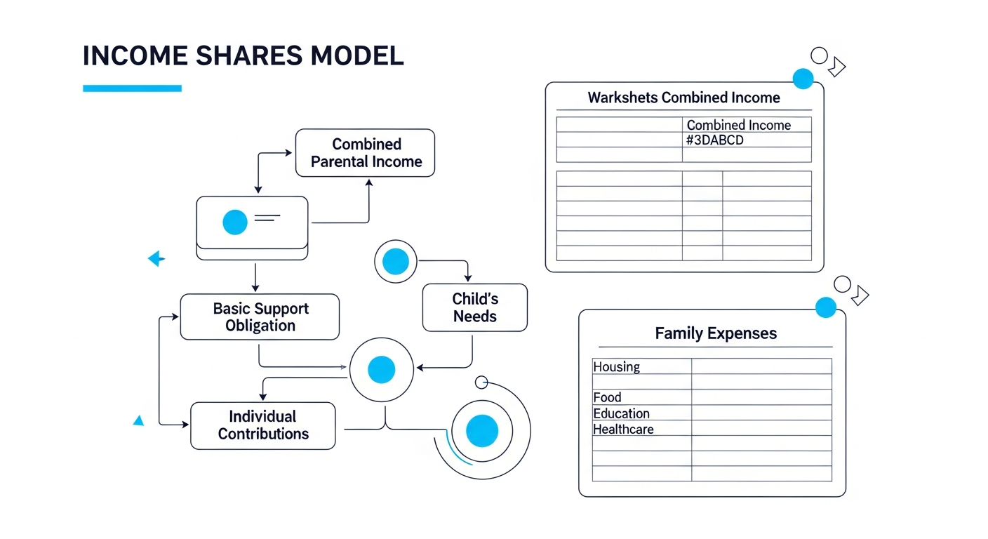 Professional illustration of income shares model with family budget and worksheets