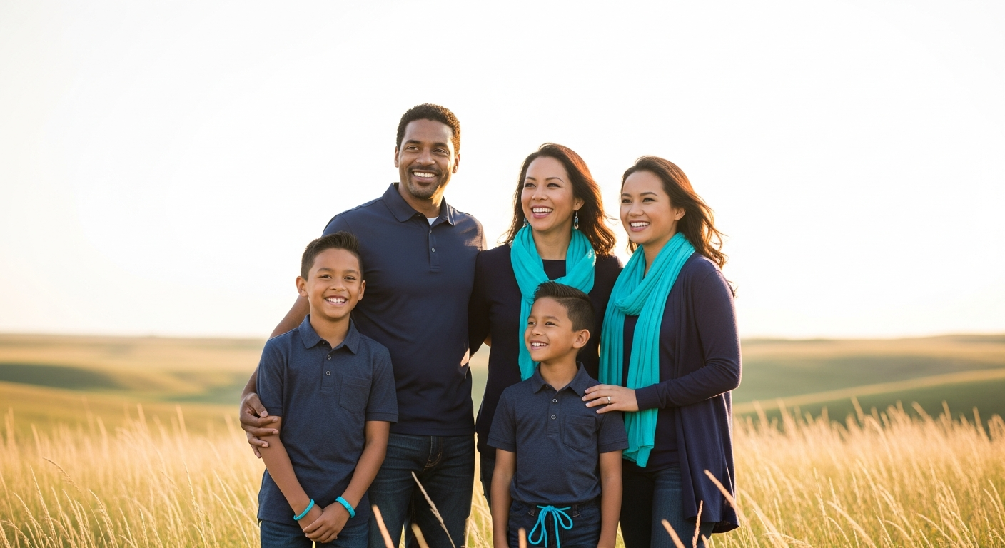 Family outdoors in Saskatchewan prairie setting